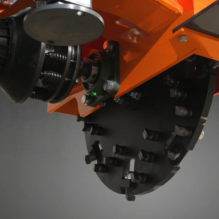 Close-up of the 24 inch flywheel and 34 carbide teeth on the SG24 stump grinder