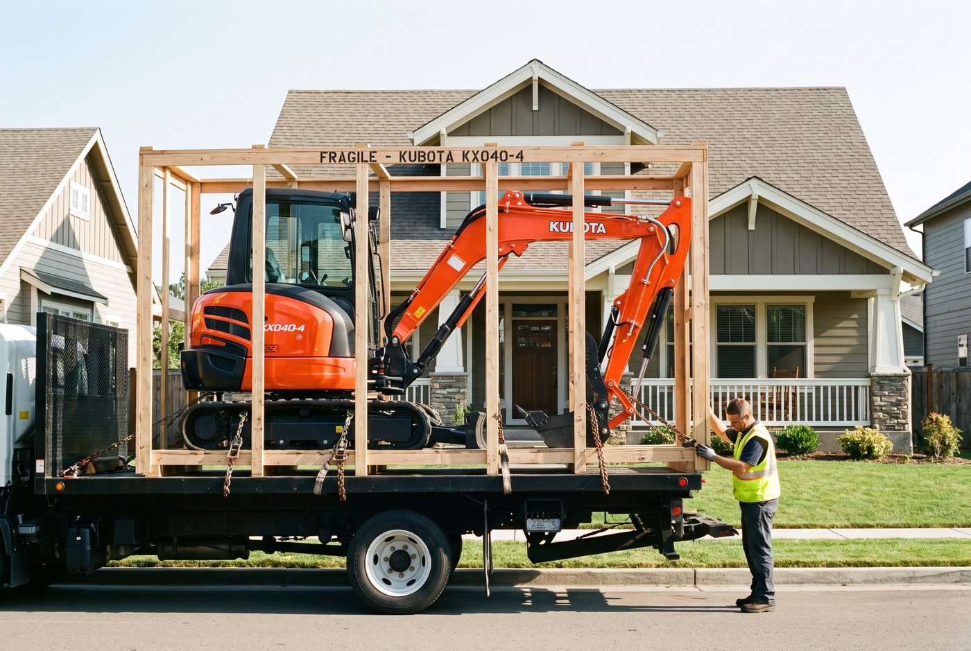 Compact excavator crated for LTL freight delivery