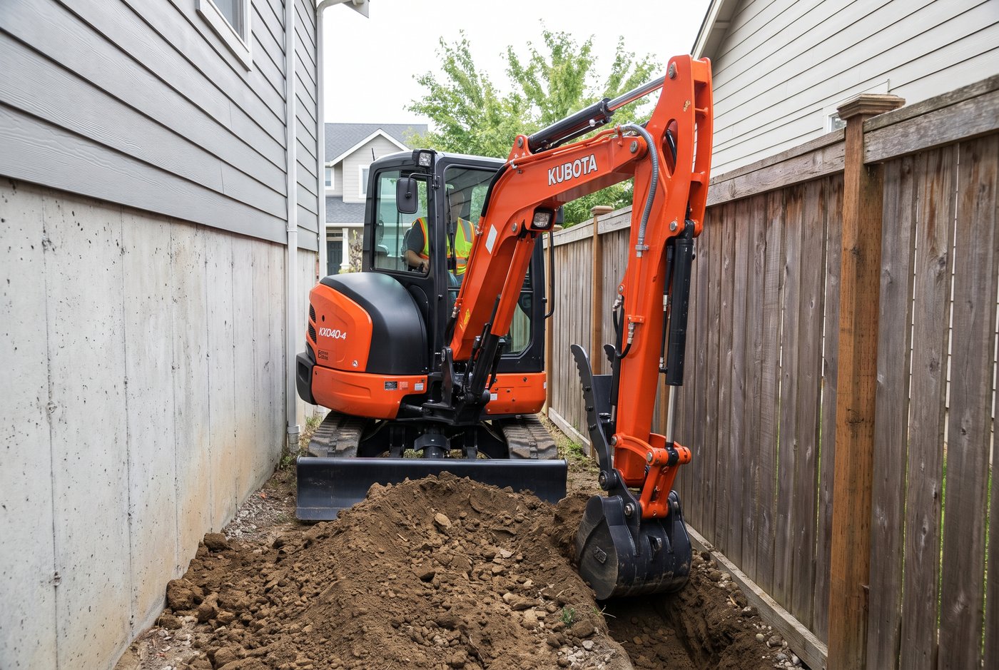Mini excavator digging along a fence line on a rural property