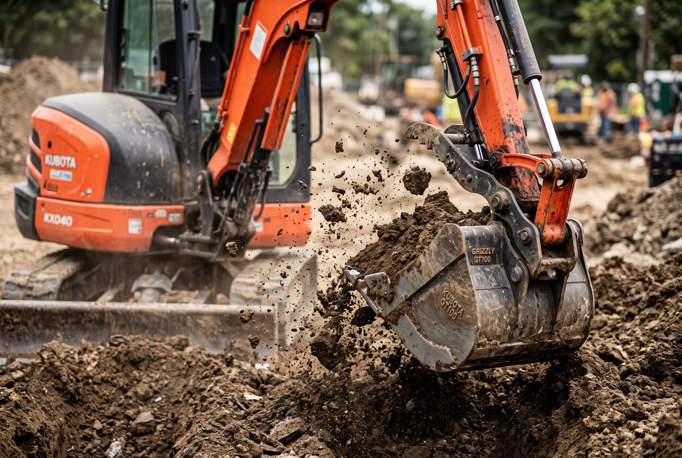 Compact mini excavator digging a drainage trench in a back garden