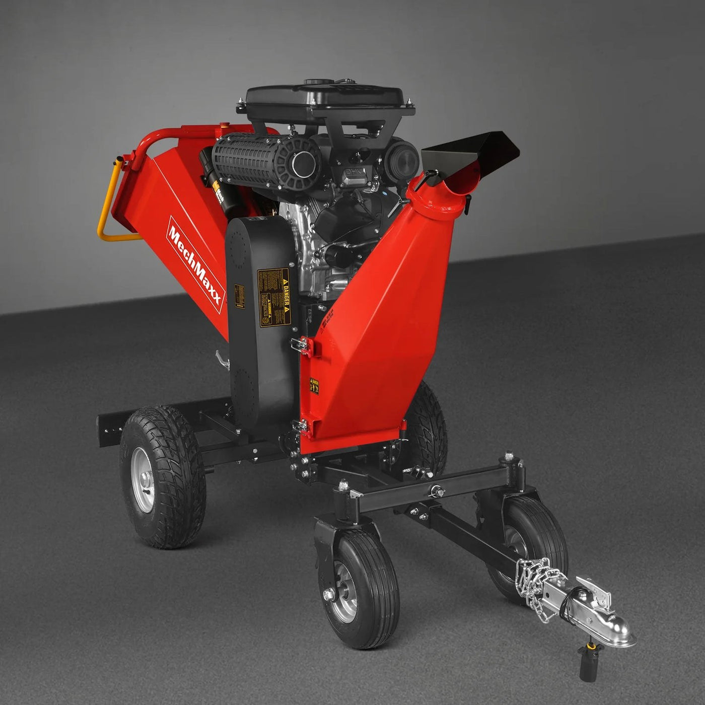 B200 towable drum wood chipper front three-quarter view with 35 HP gas engine and road hitch