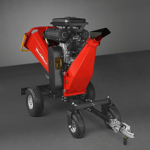 B200 towable drum wood chipper front three-quarter view with 35 HP gas engine and road hitch