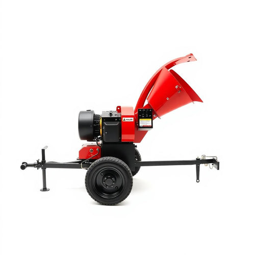 B200 wood chipper side profile showing the towable chassis, wheels and hitch