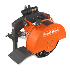 SG24 3-point PTO stump grinder front three-quarter view with 24 inch orange flywheel guard