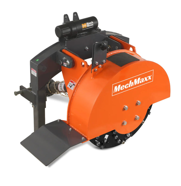 SG24 3-point PTO stump grinder front three-quarter view with 24 inch orange flywheel guard