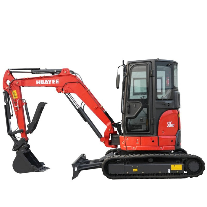 IronPeak Titan 3500 3.5 ton mini excavator side profile with enclosed cab and dozer blade