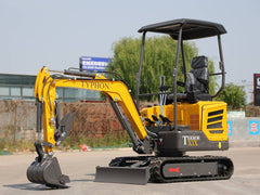 TYPHON TERROR XIX STORM mini excavator on the jobsite front quarter view swing boom