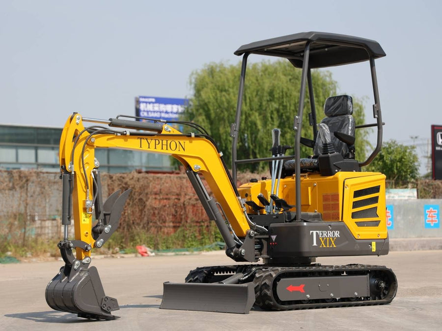 TYPHON TERROR XIX STORM mini excavator on the jobsite front quarter view swing boom
