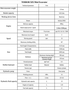TYPHON TERROR XIX STORM specification sheet Kubota D902 1.8 ton
